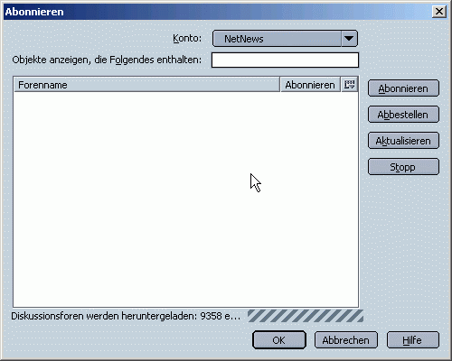 Liste der verf&uuml;gbaren Newsgruppen &uuml;bertragen