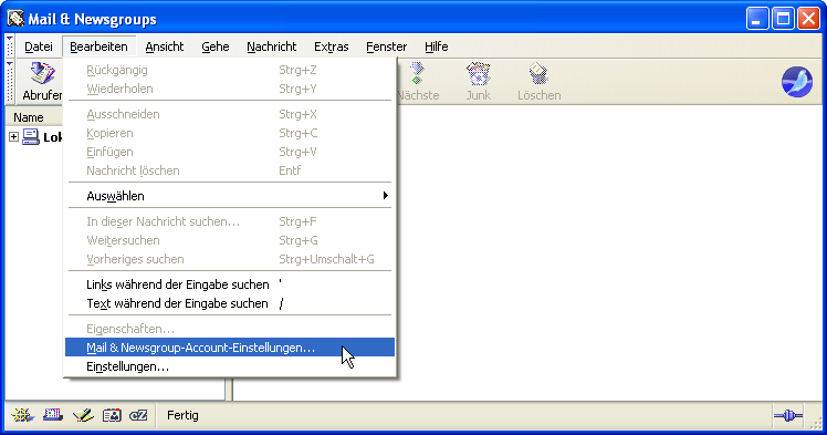 Men&uuml;: Bearbeiten - Mail & Newsgroup-Account-Einstellungen