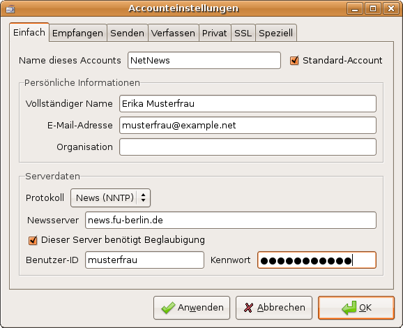Einstellungen - Pers&ouml;nliche Daten, Serverdaten